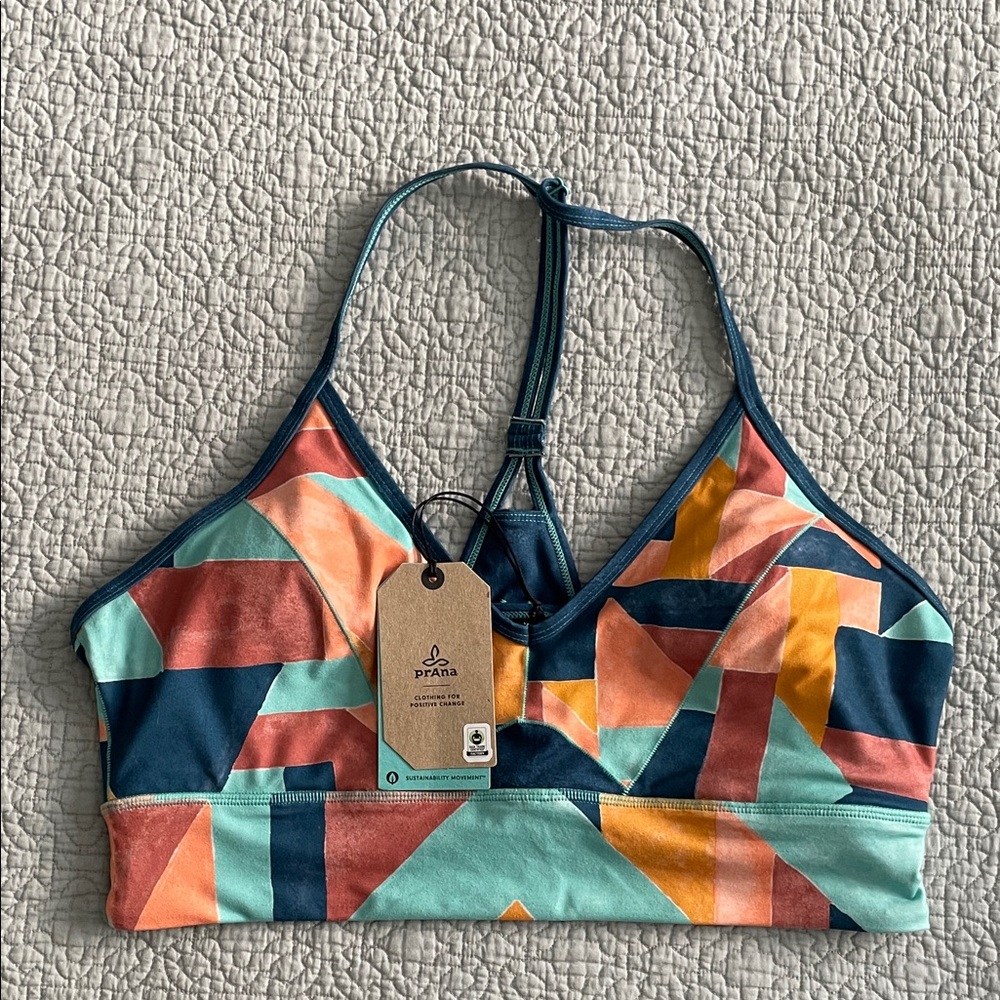 Prana Tyrner Bra Liqueur Seaglass Yoga Sports Bra Teal Coral Turquoise Halter XL